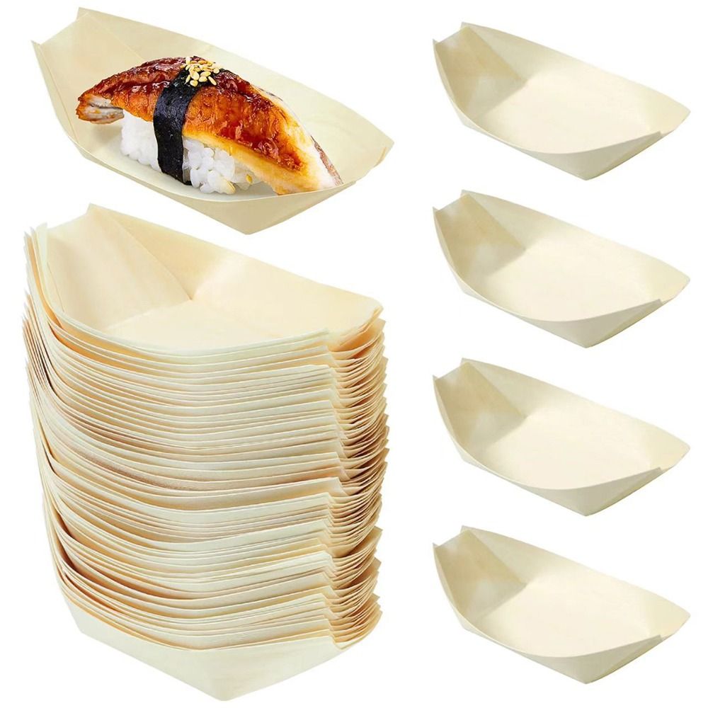 Food In Japanese Snacks - 50個入り マルチサイズ 使い捨て 木製ボート型プレート 和食器 ボート型トレイ